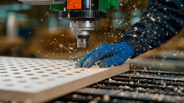 Close-up of a CNC-cut chipboard cabinet panel with precise drilled holes, worker inspecting edges, wood dust lightly scattered, highlighting technology-assisted furniture productio