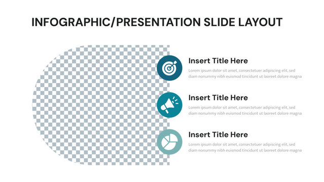 Infographic presentation slide layout with three icons and a rounded image placeholder