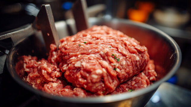 Macro of a pile of minced meat in a cutter bowl, blades partially submerged, visible texture and marbling, reflecting industrial meat processing precision