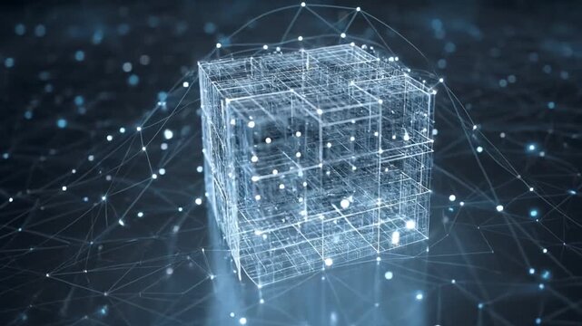 Technology Data Network Cube Digital Futuristic Abstract Connection Cyber Grid Visualization Glowing Background Blue Light 3D Render Innovation Concept Virtual Reality Cyberspace Blockchain Big Data