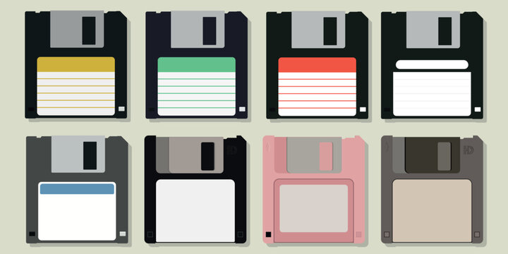 Set of colorful retro floppy disks 3.5 inch illustration. Vector set of floppy disks. Retro diskettes