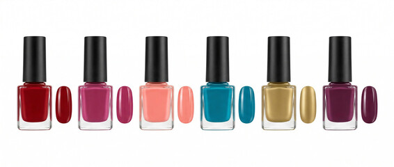 Obraz premium Assorted nail polish bottles with matching color swatches