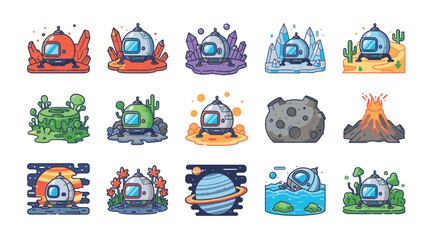 Collection of pixel art illustrations depicting futuristic space pods and alien landscapes on various planets and cosmic environments. © Kai_