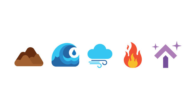 Five stylized elemental icons representing earth, water, air, fire, and aether or spirit on a clean white background.