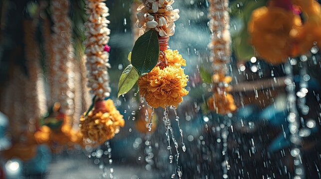 Songkran Water Festival at chiang mai temple square festival jasmine flower garlands water droplets falling from leaves