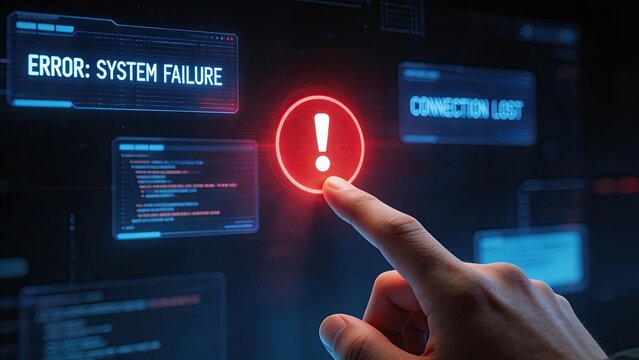 Futuristic digital interface showing system failure error hand touching red warning alert icon connection lost cybersecurity breach data loss network crash technology glitch critical warning