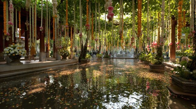 Songkran Water Festival at chiang mai pagoda festival courtyard jasmine flower garlands water splashes scattering across ground