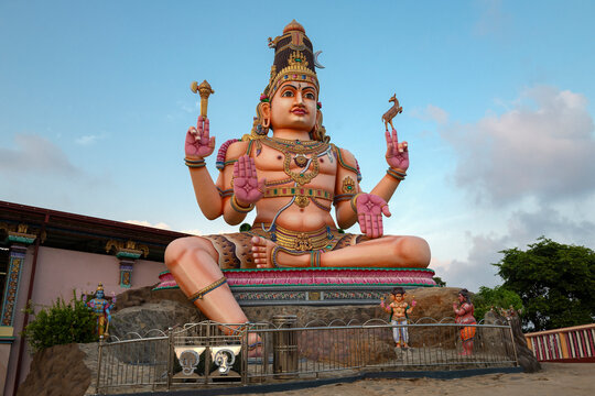 TRINCOMALEE, SRI LANKA - FEBRUARY 09, 2020: Giant statue of Shiva in front of the ancient Koneswaram temple. Trincomalee, Sri Lanka,