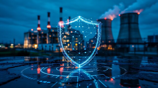 Industrial factory with digital shield protection representing cybersecurity and industrial safety concept
