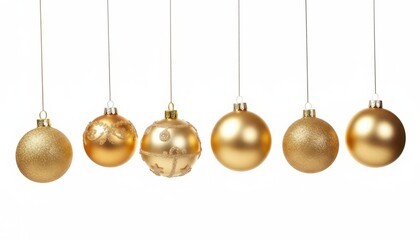 Obraz premium Five gold-toned baubles hanging from delicate silver strings in festive arrangement