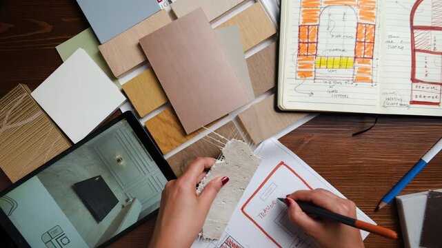 Interior designer and client discussing tile and color options in her office - 4K stock video
