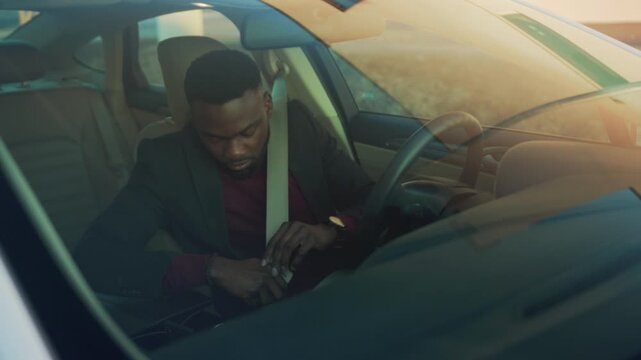 Calm driver prepares, Driver secures seatbelt confidently, Focused driver checks mirrors and dashboard