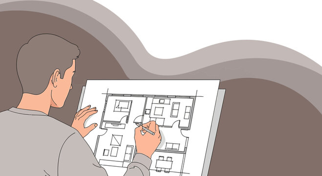Architectural blueprint design revision by a male designer with creative wavy elements