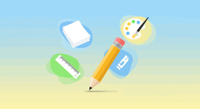 Artistic Creativity Illustration with Drawing Supplies and a Gradient Background Design