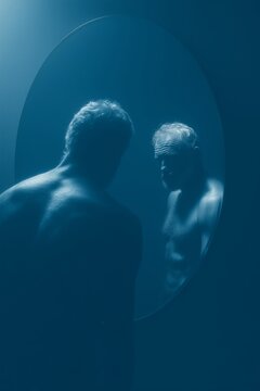 Hombre de espaldas mir&aacute;ndose al espejo reflejando un rostro mayor azul oscuro, Reflexi&oacute;n masculina profunda en espejo imagen elegante y serena