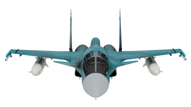 Sukhoi Su aircraft in dark blue with missiles at a military airbase during midday