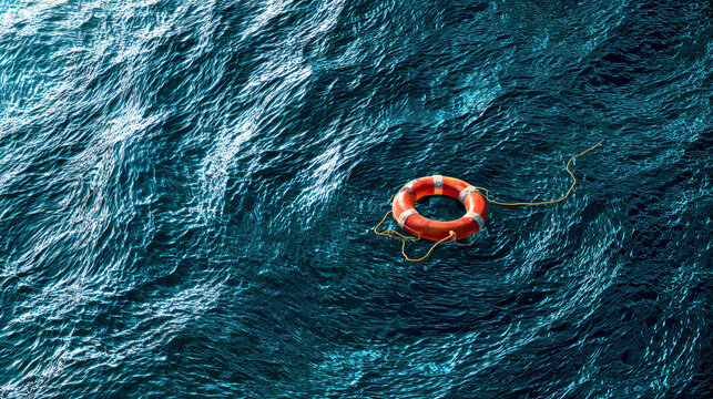 Salvavidas naranja flotando en mar profundo azul, Seguridad esencial en aguas abiertas concepto premium, Fondo de oc&eacute;ano con salvavidas para banner de ayuda