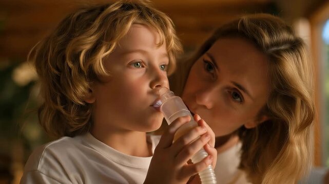 Child experiencing allergic reaction receiving nebulizer treatment from school nurse in medical room while parent arrives through doorway, perfect for asthma management emergency response pediatric