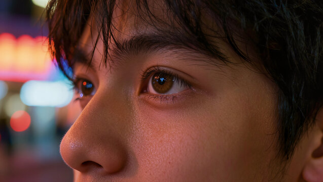 Close-up image of a young person's face showing detailed skin texture and brown eyes looking intently to the side with blurred colorful lights in the background.