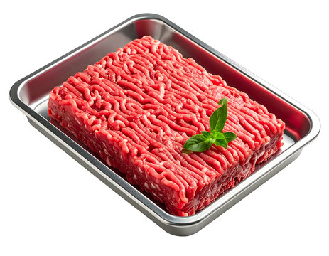 Raw ground meat in a metal tray, garnished with a fresh green herb