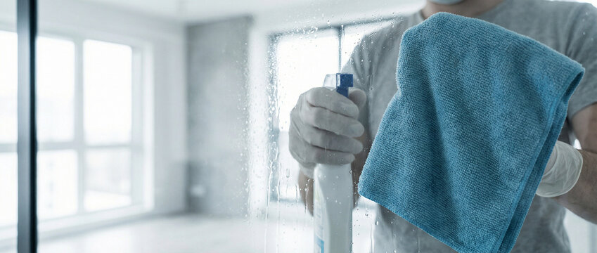 Close up of a person cleaning a wet glass surface with a blue microfiber cloth and spray bottle, showing household sanitation, mirror care and modern bathroom or shower maintenance