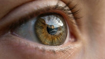 Detailed close-up of a human eye with a reflection of a mountain valley and cloudy sky visible in the iris and cornea. © Video80X