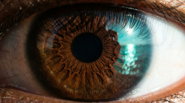 Extreme close-up of a brown human eye showing detailed iris texture and a bright reflection on the cornea.