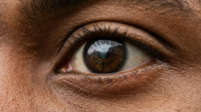 Extreme close-up of a brown eye with detailed skin texture and a reflection of a mountainous landscape in the pupil.