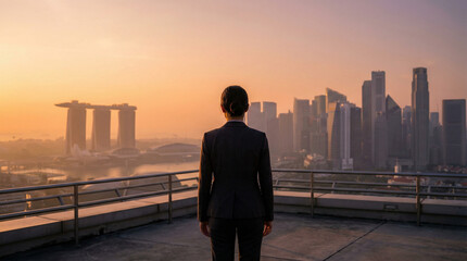 A businesswoman in a suit stands on a rooftop terrace overlooking a modern city skyline during sunrise with warm orange light. © Video80X