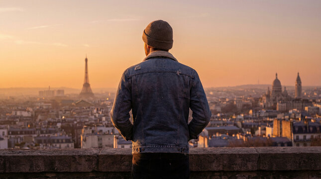 A man wearing a denim jacket and beanie stands with his back to the camera, overlooking the Paris cityscape at sunset, featuring the Eiffel Tower and Sacr&eacute;-C&oelig;ur Basilica in the distance.