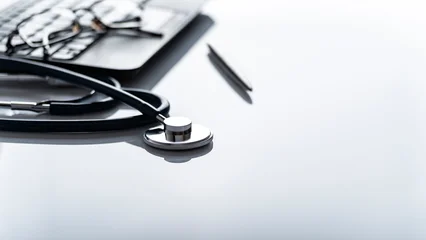 Healthcare background of stethoscope laptop glasses and pen on table with copy-space © Mikhailov Studio