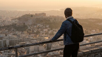 A man wearing a denim jacket and beanie stands at a railing overlooking a city with an ancient hilltop structure during sunset. © Video80X