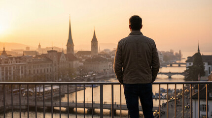 Fototapeta premium A man stands on a balcony overlooking a river and historic city buildings with church spires during a warm sunset.