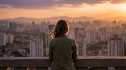 A person with long hair and a jacket stands on a balcony, looking out over a sprawling cityscape during a warm, golden sunset. © Video80X