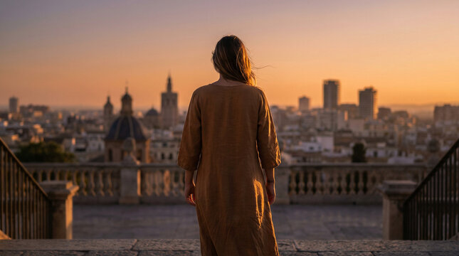 A woman in a brown dress stands with her back to the camera, gazing at a city skyline during sunset from a stone terrace with railings.