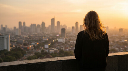 A person with long hair stands on a rooftop terrace, looking out over a sprawling cityscape during a warm, golden sunset. © Video80X