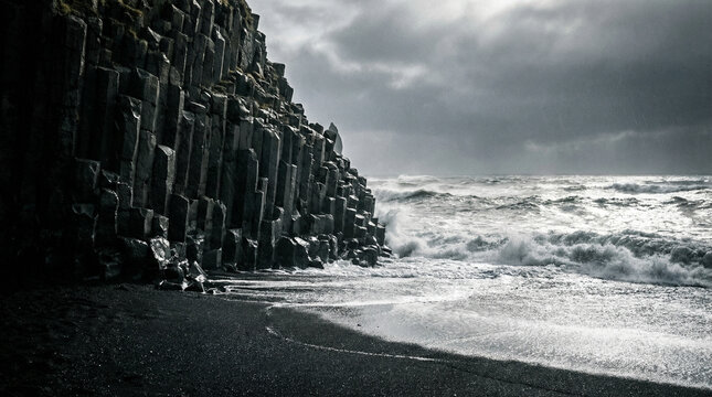 Dark basalt rock formations rise sharply beside a turbulent ocean under a cloudy sky with waves crashing on a black sand beach.