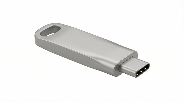 Modern USB Type-C flash drive for data storage and transfer, a sleek metallic silver device with a loop for attachment