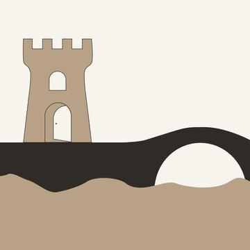 Minimalist Tower and Path Icon | Christian Symbol of Refuge, Protection and Spiritual Journey | Neutral Beige Landscape Illustration for Faith Wall Art & Branding