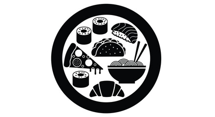 A circular emblem showcasing diverse food items sushi pizza noodles and pastries © MdMojiburRahman