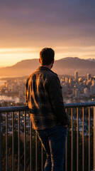 Fototapeta premium A man stands by a railing looking out over a city with mountains in the background during a warm sunset.