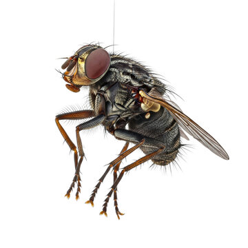 Extreme macro close-up of a housefly showcasing hairy thorax, ruby red compound eyes, and veined wings on a transparent background, concept of scientific clarity