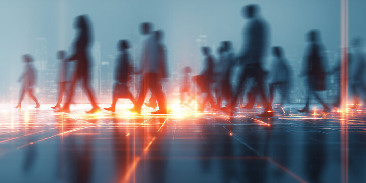 Blurred business people walking across a glowing digital grid to represent workforce analytics, smart cities, and connected enterprise movement