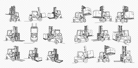 Set of forklift trucks in various poses, hand-drawn sketch illustration of industrial vehicles for logistics and warehouse operations. © Lunara Arts