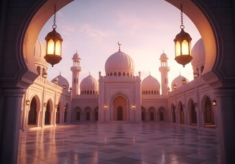 Fototapeta premium Mosque courtyard at sunset with ornate lanterns and domes