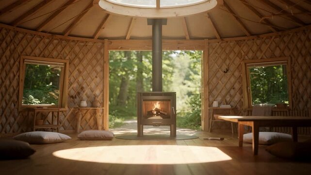 Peaceful yurt interior highlighted by central skylight modern woodburning stove in focus dense forest detail gently diffused in background.
