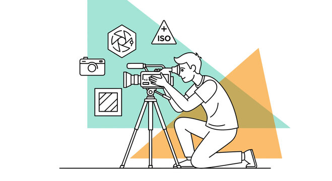 Capturing moments: a line art illustration of a videographer at work with camera icons