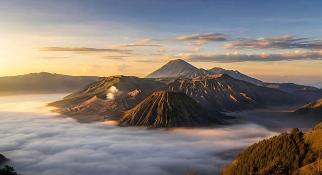 Scenic sunrise view of Tengger Semeru National Park in Indonesia