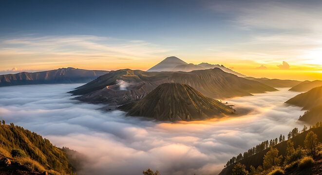Majestic smoking volcano crater in Java with misty morning valley