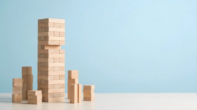 Market leadership growth strategy with dominant tall wooden block tower and smaller competitors in clean minimal blue background